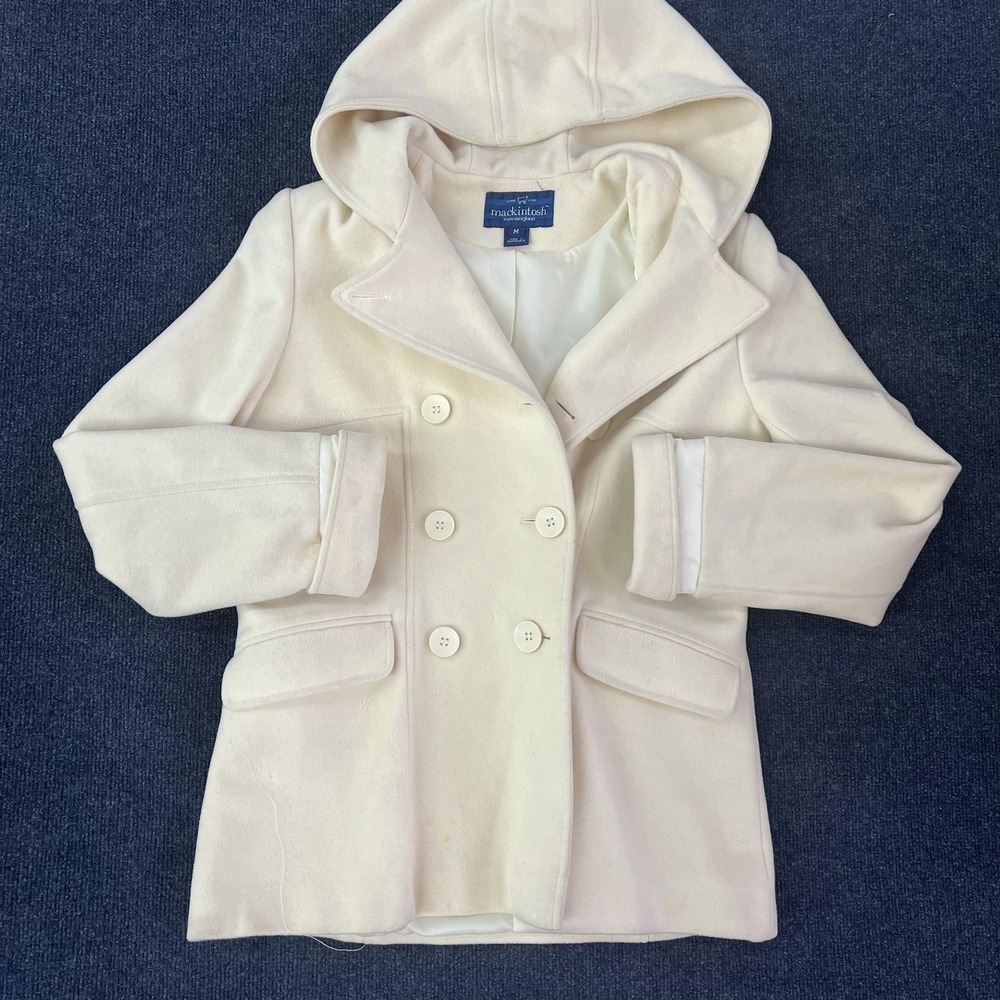 Mackintosh New England Coat‎ Womens Medium White Wool Hooded Pea Double Breasted